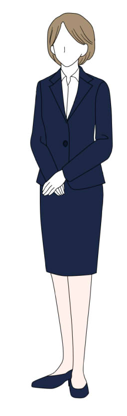 スーツ姿を格上げするスカート丈の選び方！品格ある着こなし3選、品よく見せる！スカートスーツの着こなし3選、ネイビーテーラードジャケット×スカート×白シャツ×黒パンプス