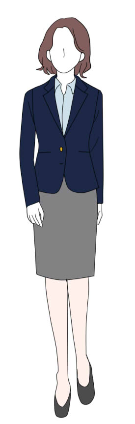 スーツ姿を格上げするスカート丈の選び方！品格ある着こなし3選、品よく見せる！スカートスーツの着こなし3選、ネイビーブレザー×グレースカート×サックスブルーシャツ×黒パンプス