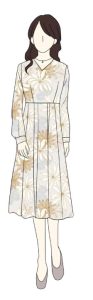顔合わせにおすすめの服装は?季節・性別ごとにコーデ例を紹介、男女別!顔合わせにおすすめのコーディネート、【女性】華やかで柔らかな印象を添える柄物ワンピース